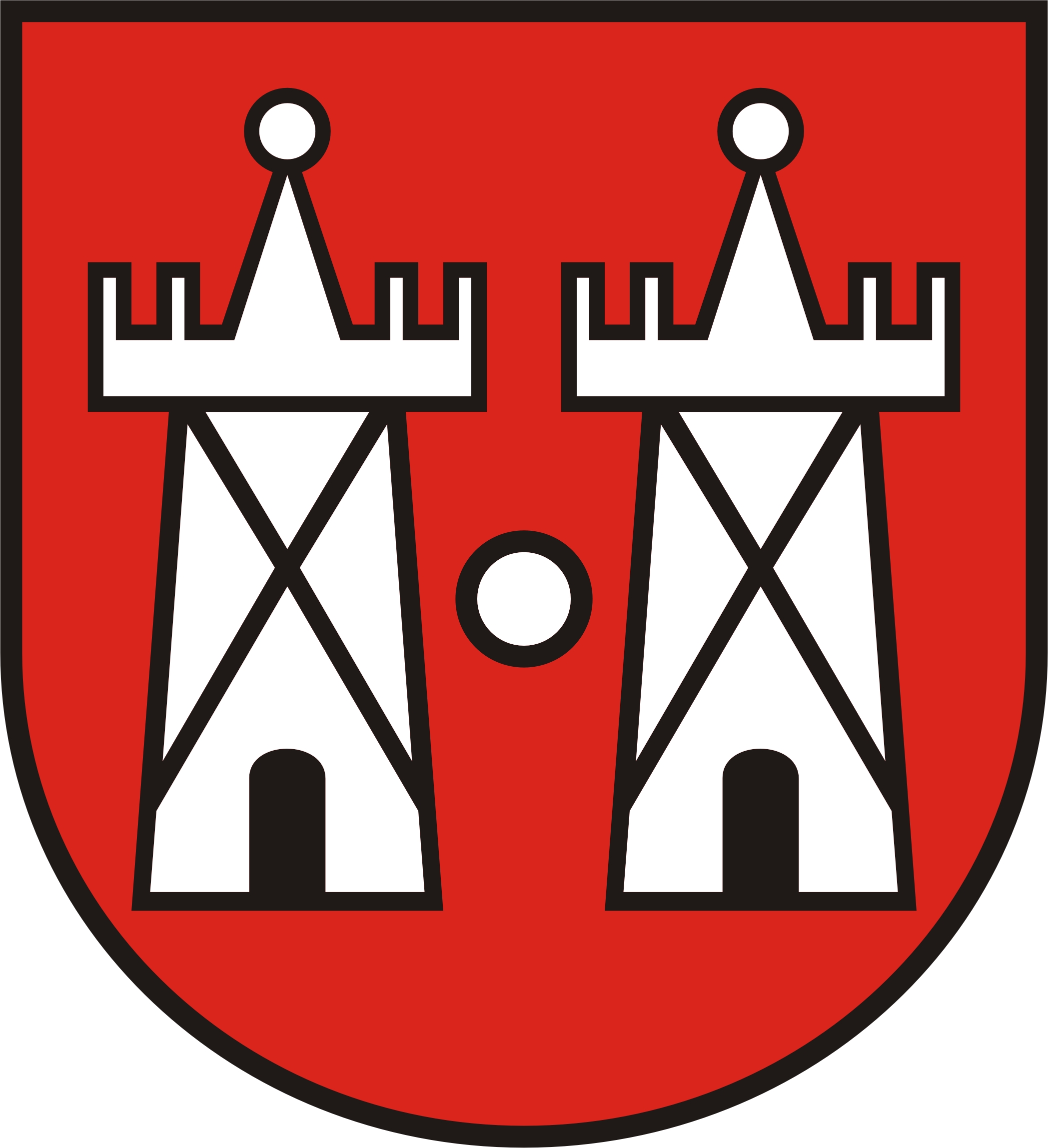 Herb miasta Płońska. Dwie białe wieże na czerwonym tle. Pomiędzy wieżami biała kula. Nad wieżami napis Miasto Płońsk.